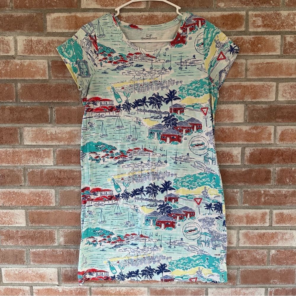 Vineyard Vines Knit T Shirt Dress Coastal Island Village Print XS Nautical